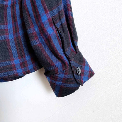 Cabi moody plaid peplum button down shirt - size Small