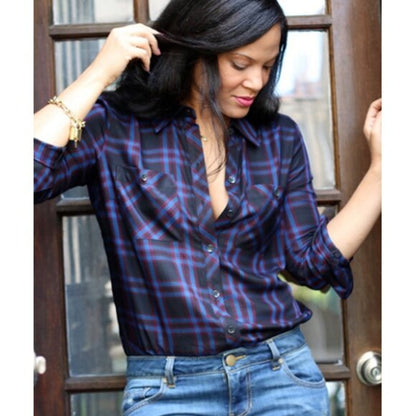 Cabi moody plaid peplum button down shirt - size Small