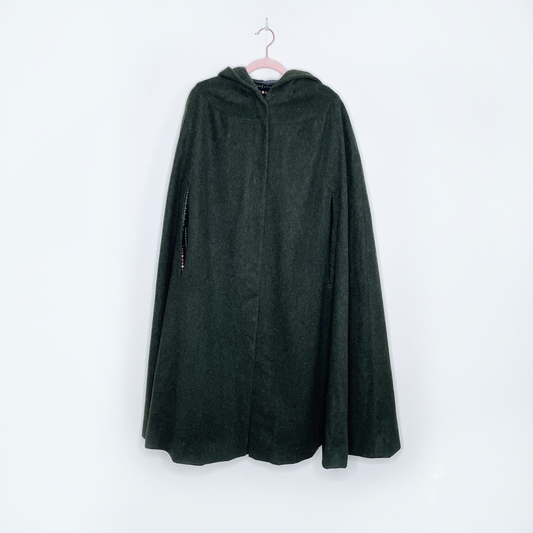handmade green wool hooded long cape - OS