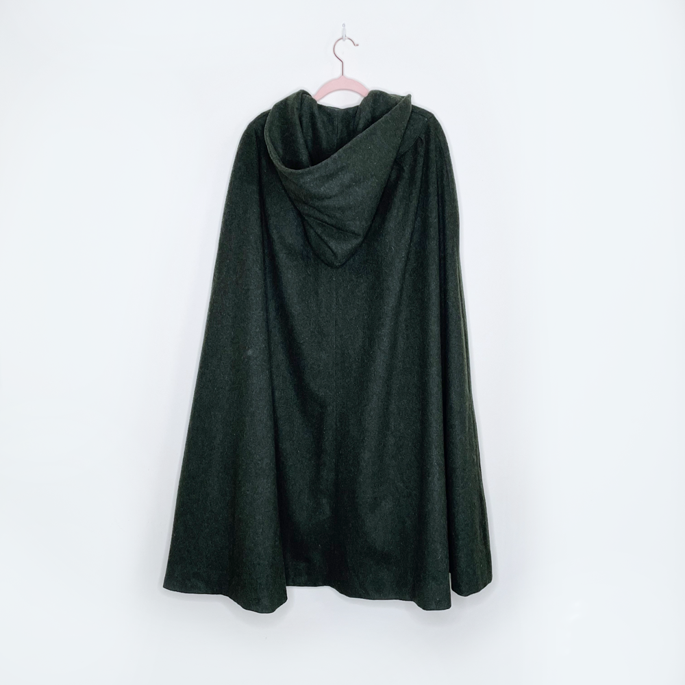 handmade green wool hooded long cape - OS