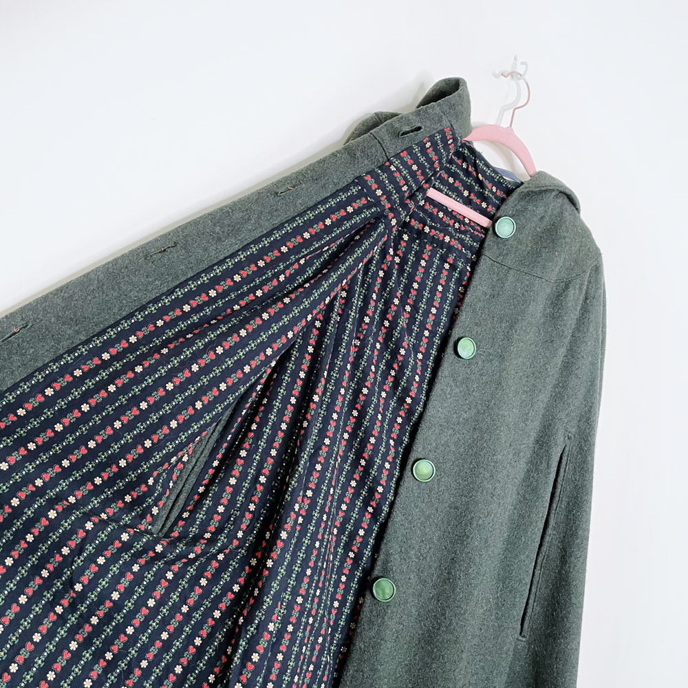 handmade green wool hooded long cape - OS