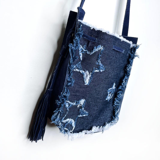cartel suede and frayed denim boho western purse