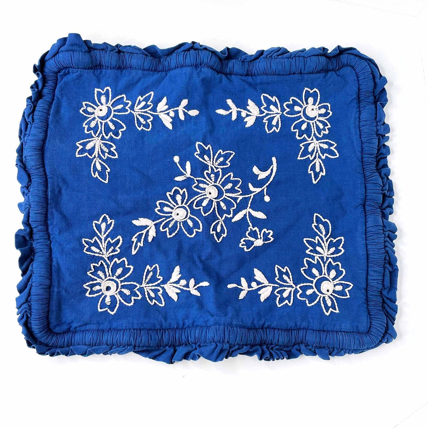 vintage folk floral embroidered blue pillow case ruffle edge