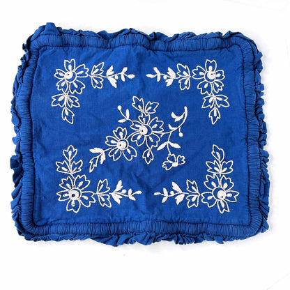 vintage folk floral embroidered blue pillow case ruffle edge