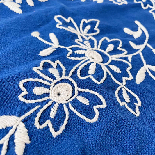 vintage folk floral embroidered blue pillow case ruffle edge