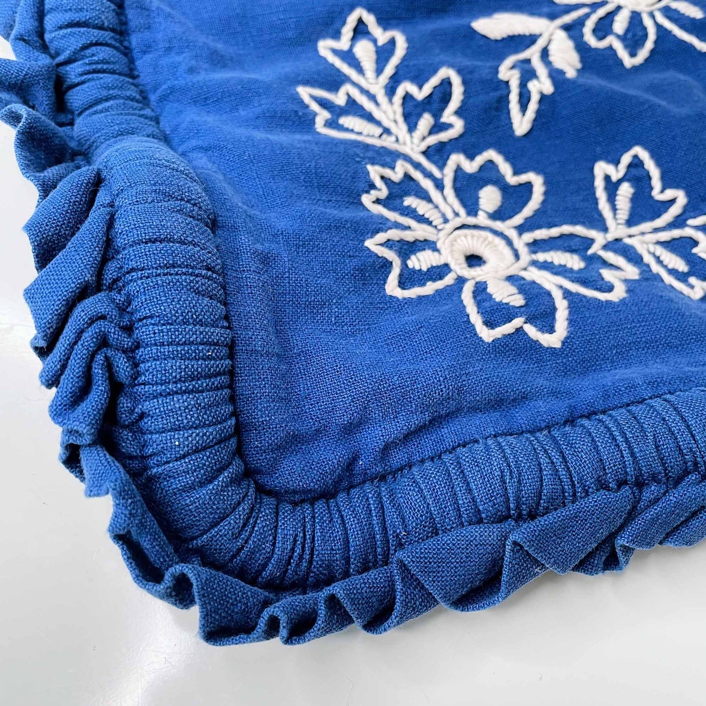 vintage folk floral embroidered blue pillow case ruffle edge