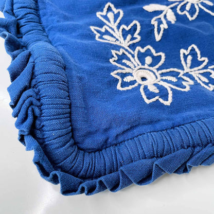 vintage folk floral embroidered blue pillow case ruffle edge