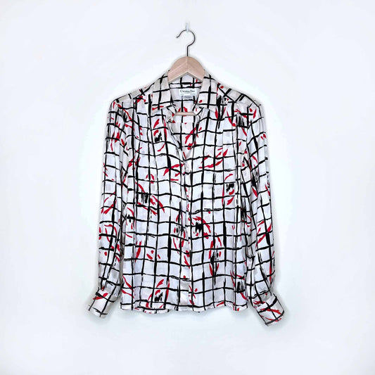 vintage christian dior ruched graphic print silk blouse - size 4