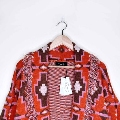 cider boho southwestern fringe cardigan with balloon sleeves - size small