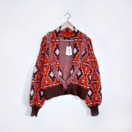 cider boho southwestern fringe cardigan with balloon sleeves - size small