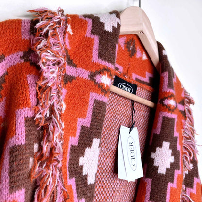 cider boho southwestern fringe cardigan with balloon sleeves - size small