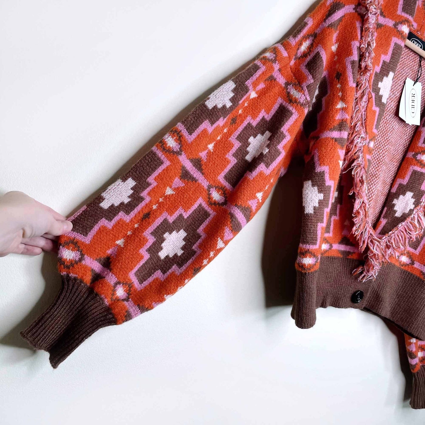 cider boho southwestern fringe cardigan with balloon sleeves - size small