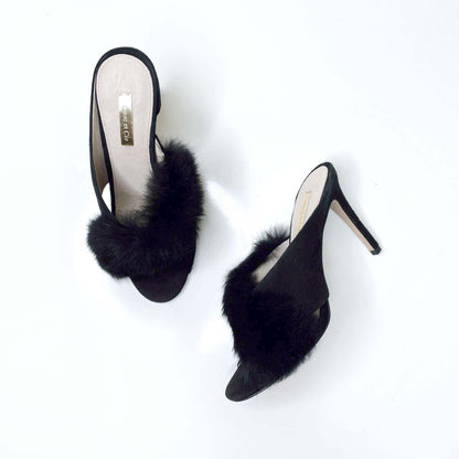 louise et cie black holloway rabbit fur slip on heels - size 8.5