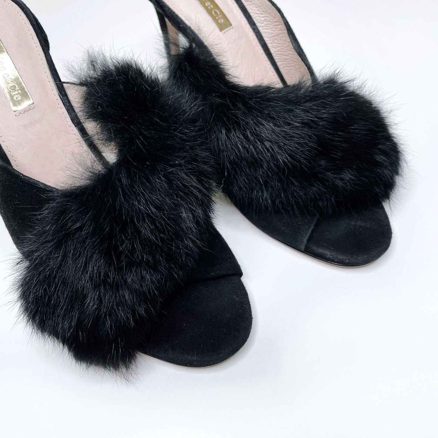 louise et cie black holloway rabbit fur slip on heels - size 8.5