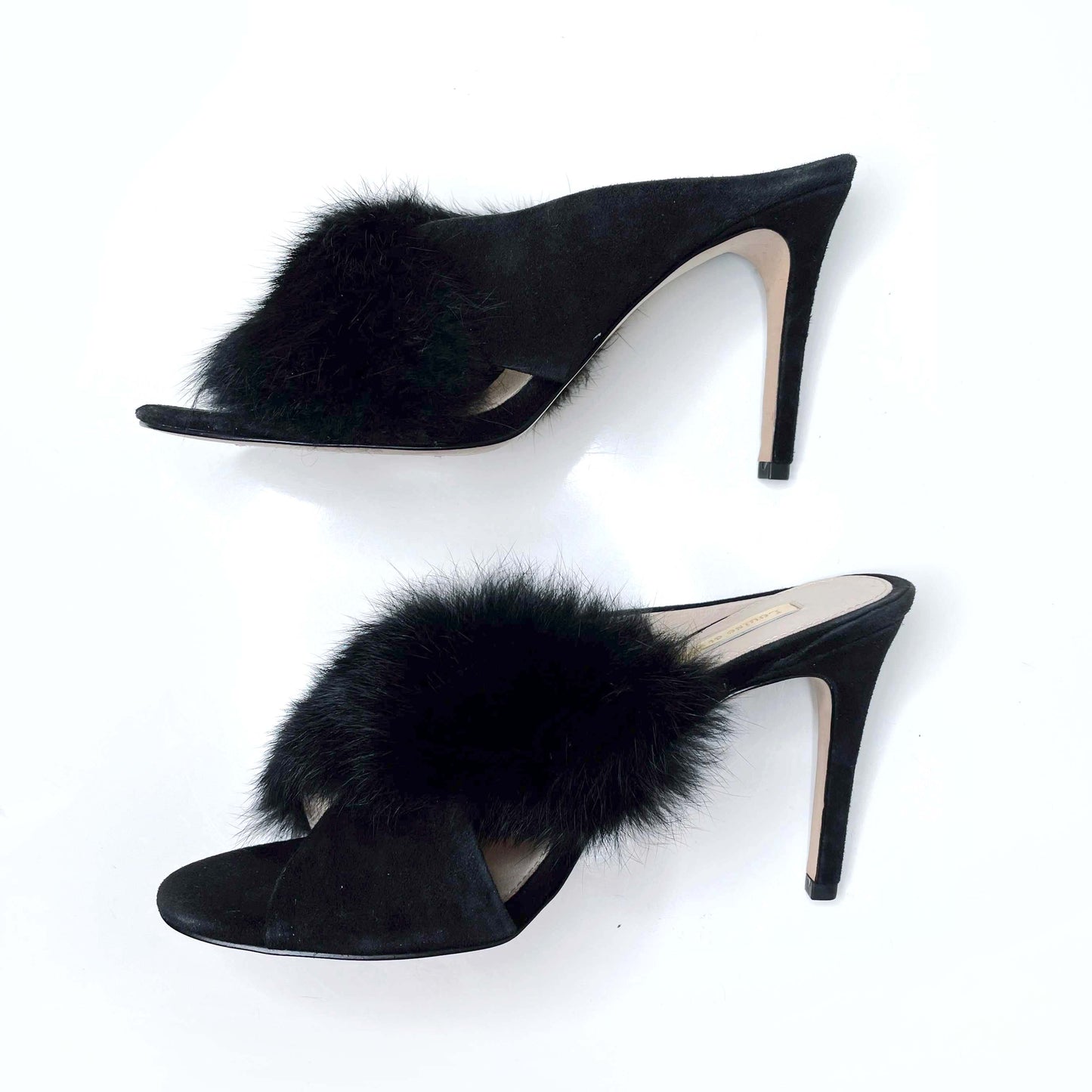 louise et cie black holloway rabbit fur slip on heels - size 8.5