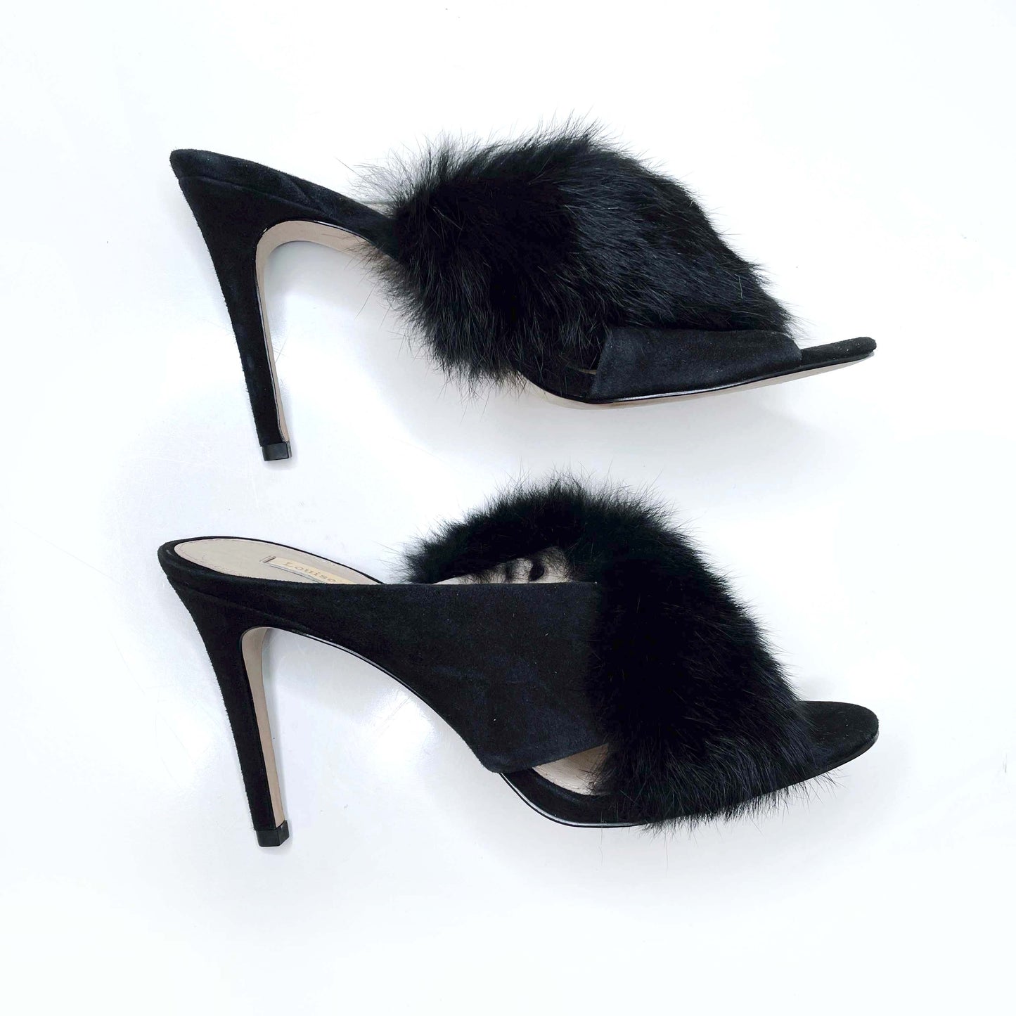 louise et cie black holloway rabbit fur slip on heels - size 8.5