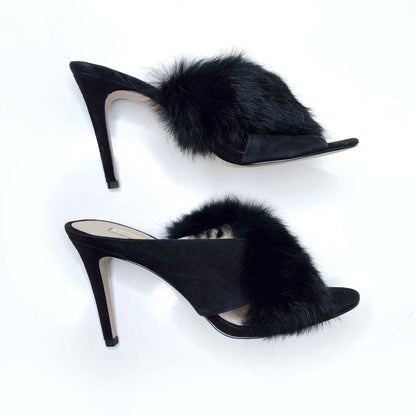 louise et cie black holloway rabbit fur slip on heels - size 8.5