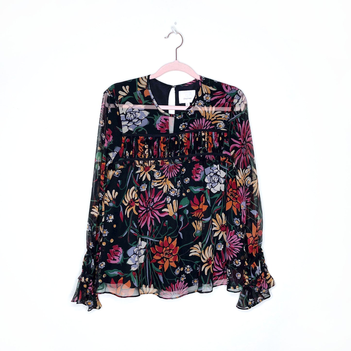 cinq a sept 2022 black floral silk chiffon blouse - size xs