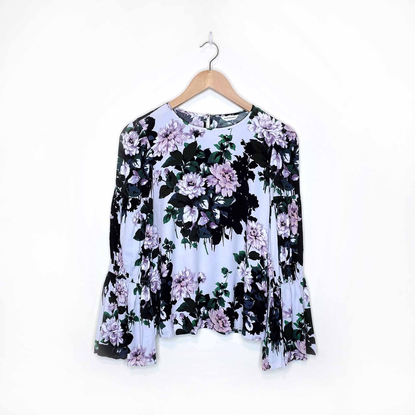 club monaco amund floral blouse with pleated bell sleeves - size small