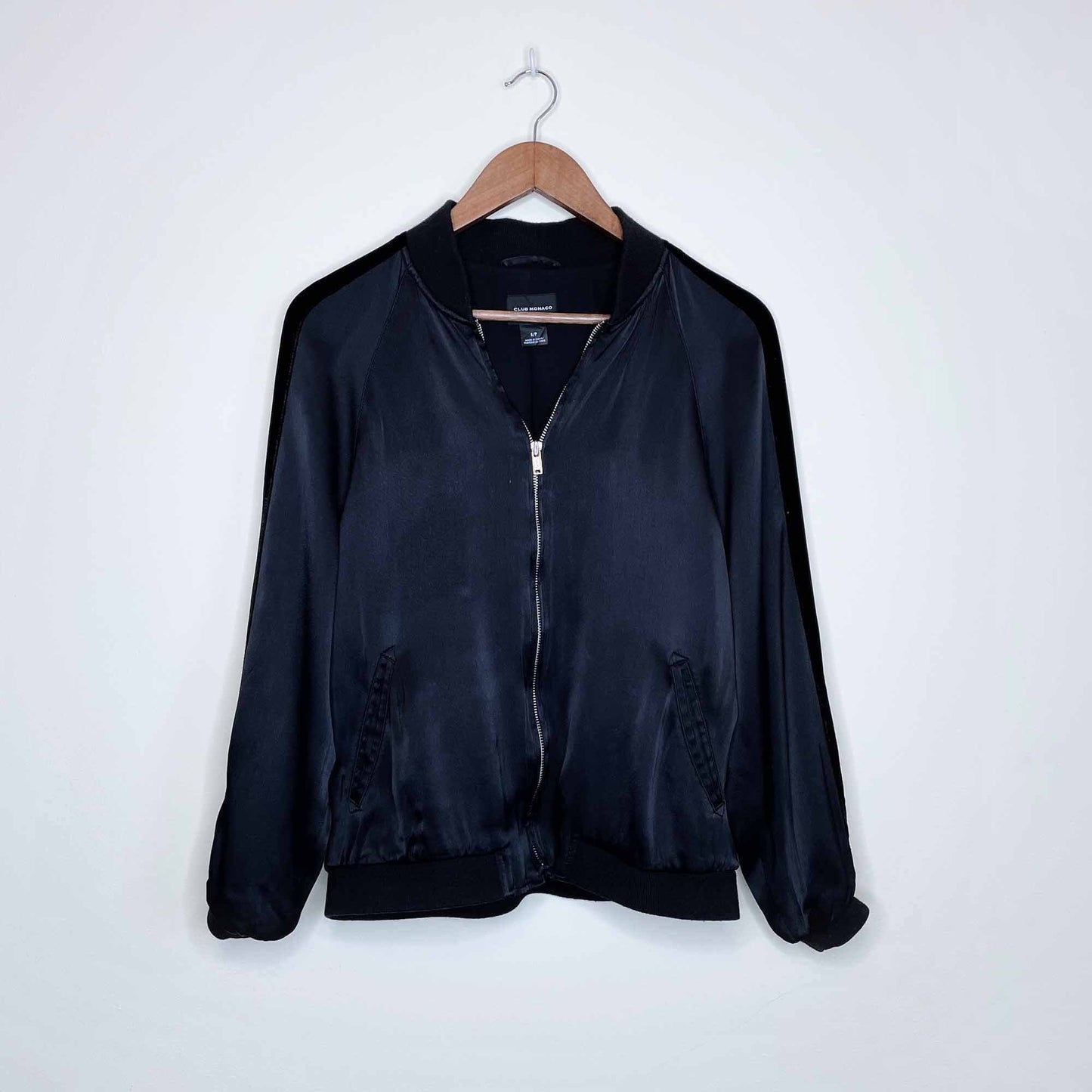 Club Monaco Bess satin bomber jacket with velvet trim - size Small