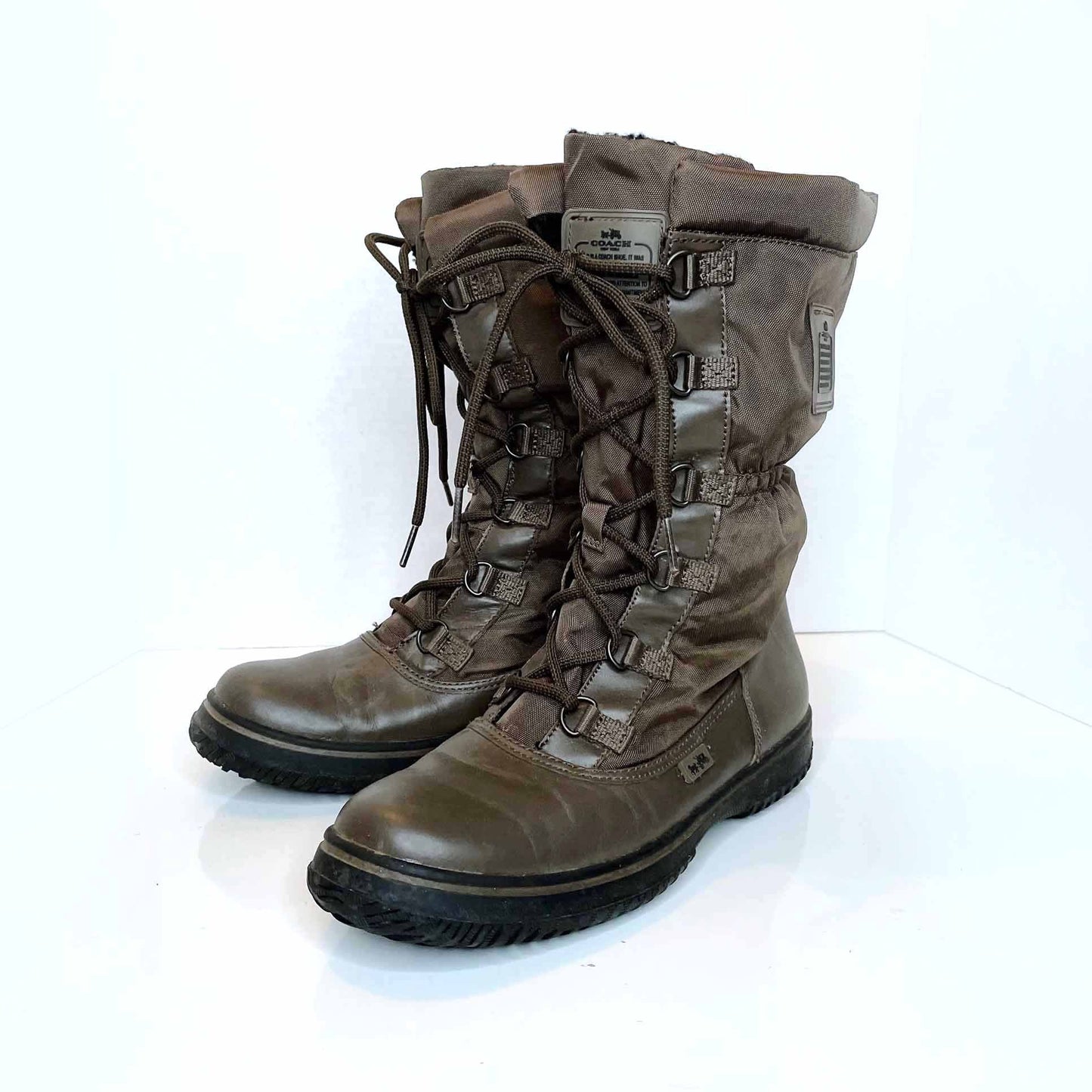 coach sage winter mid-calf lace up sherpa-lined boots - size 7.5