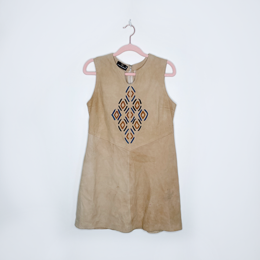 vintage cortefiel leather buckskin western embroidered dress - size xs