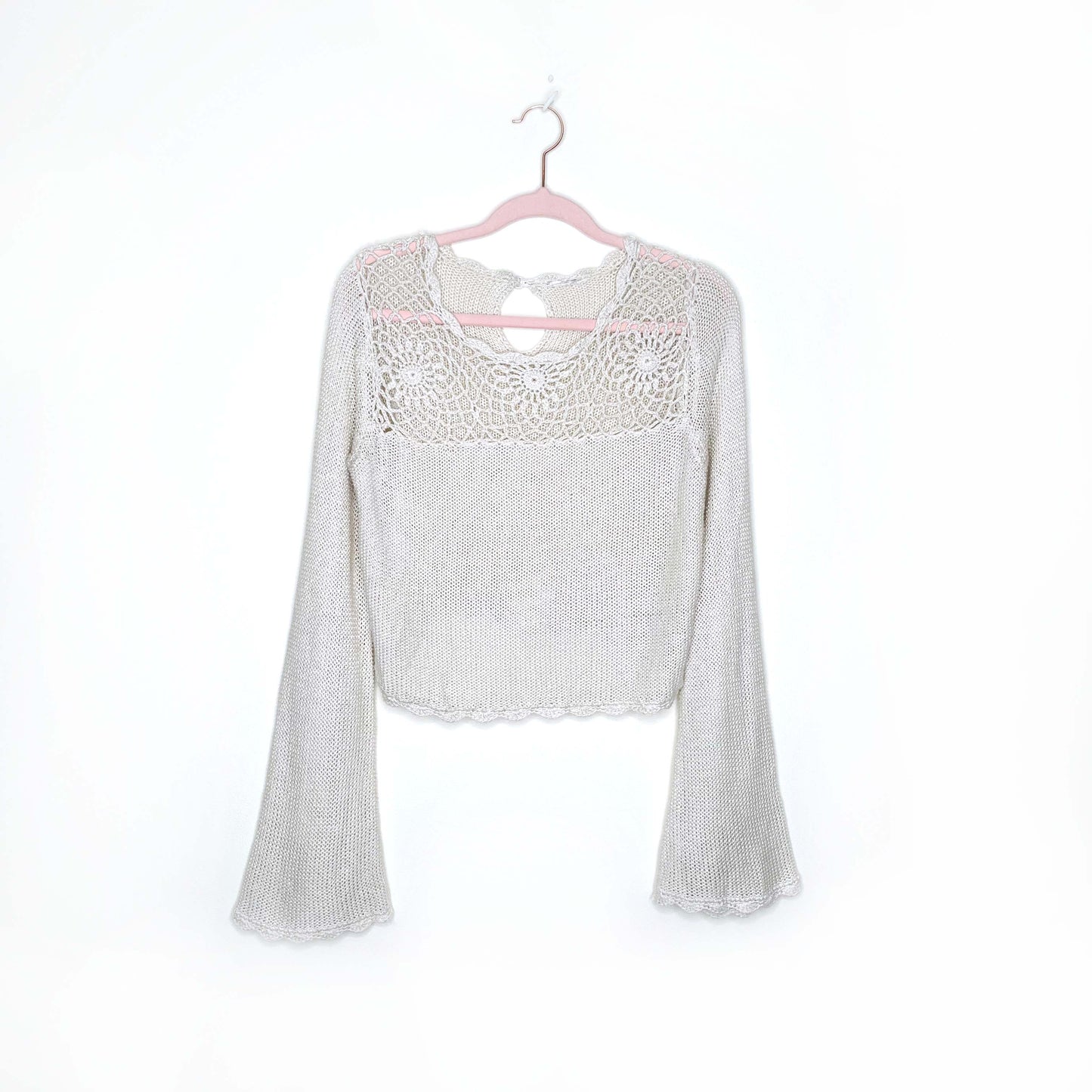 vintage cropped bell sleeve crochet top - size small