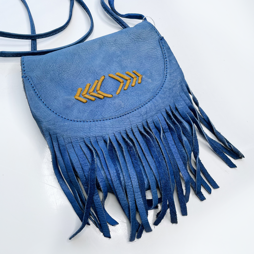 cut n paste blue leather boho fringe bag