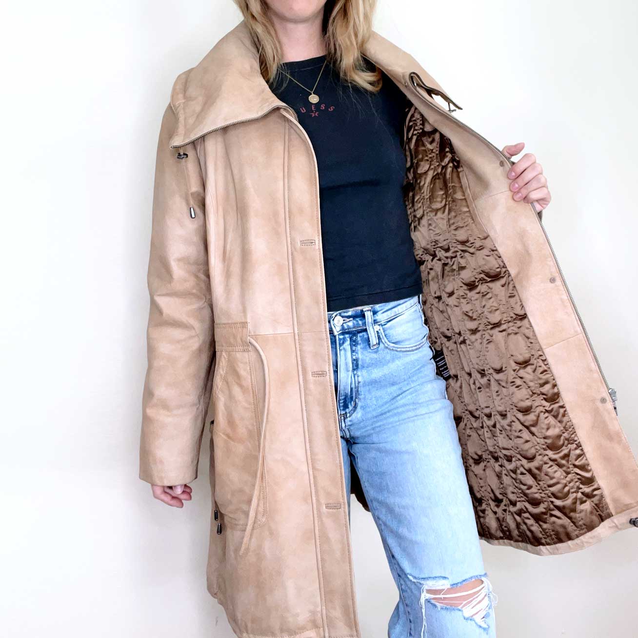 danier natural dye long rancher leather jacket - size xl