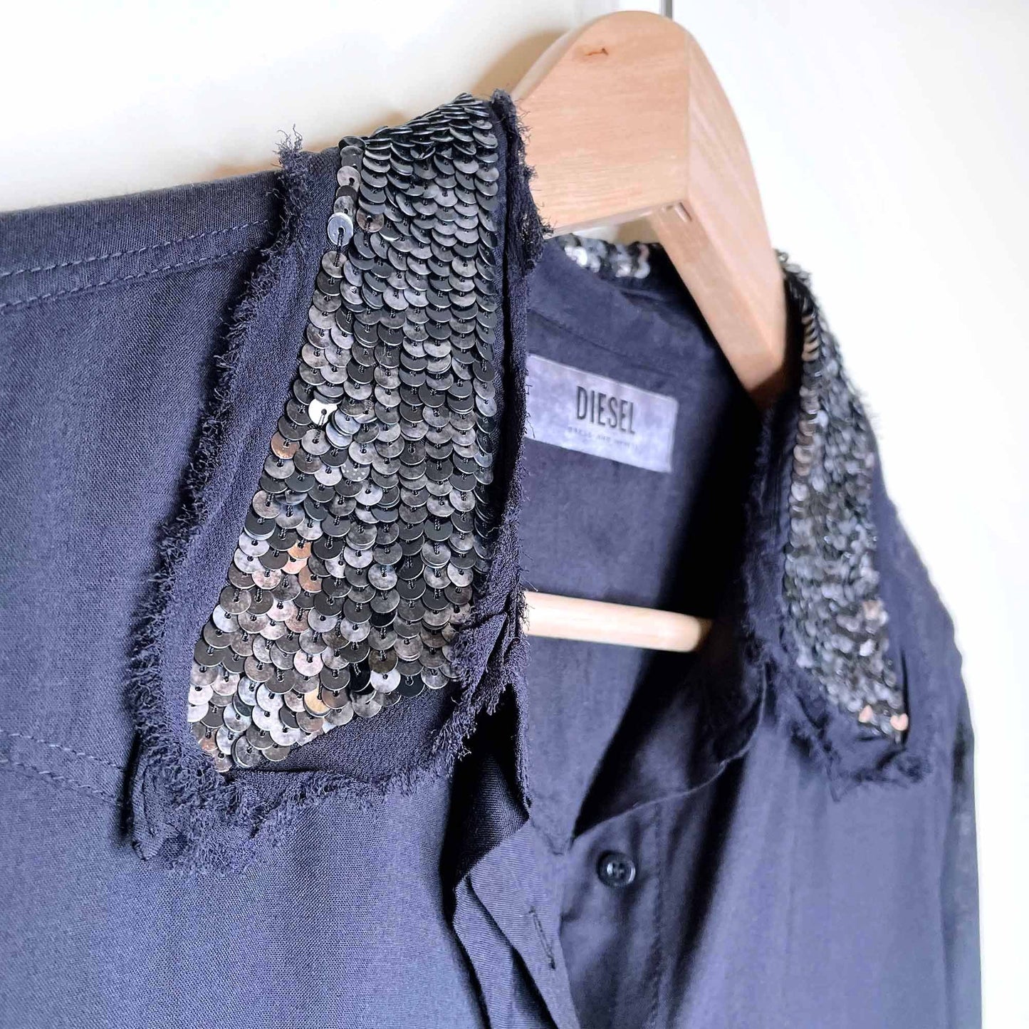diesel black button down shirt with sequin collar and cuffs - size small