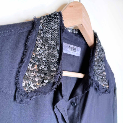 diesel black button down shirt with sequin collar and cuffs - size small