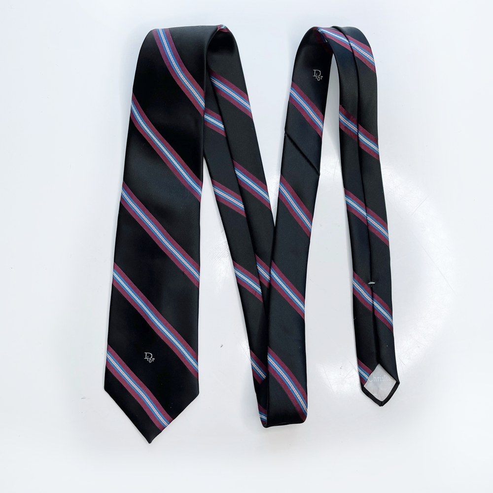 vintage christian dior black silk tie with red stripes