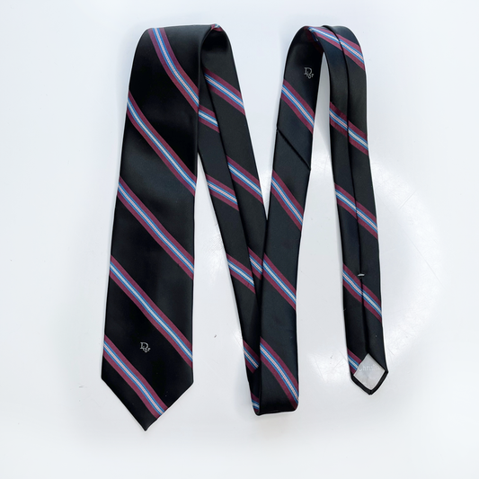 vintage christian dior black silk tie with red stripes