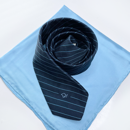 vintage christian dior blue silk striped tie with pocket square