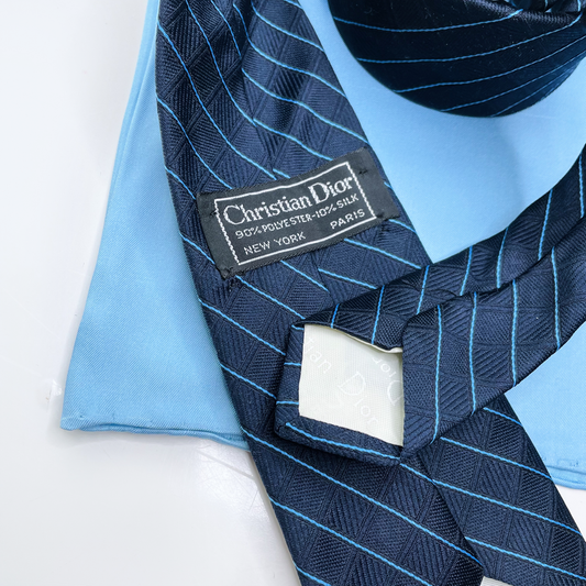 vintage christian dior blue silk striped tie with pocket square