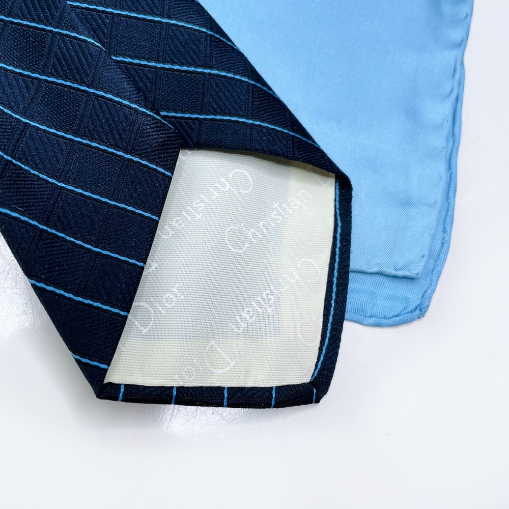 vintage christian dior blue silk striped tie with pocket square