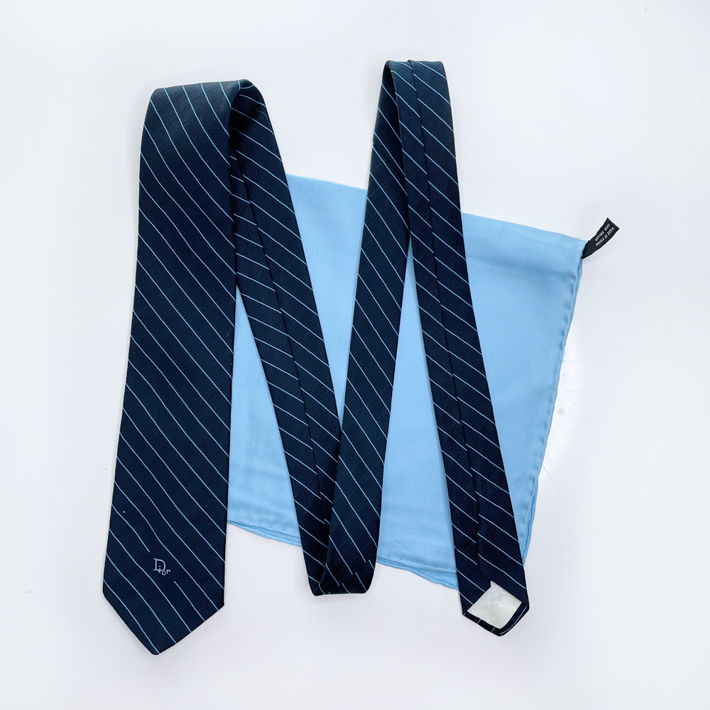 vintage christian dior blue silk striped tie with pocket square
