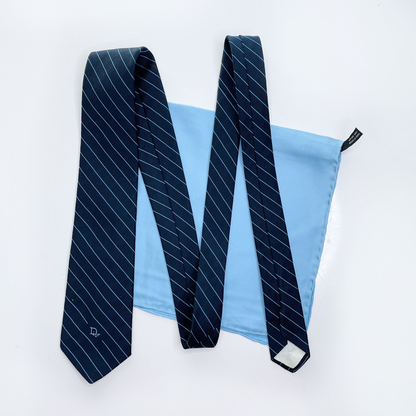 vintage christian dior blue silk striped tie with pocket square