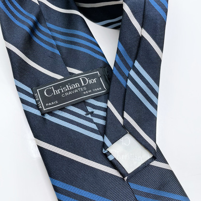 vintage christian dior navy blue silk tie with stripes