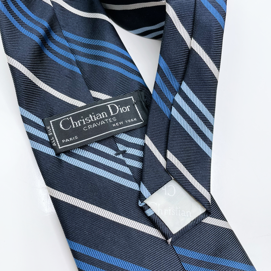 vintage christian dior navy blue silk tie with stripes