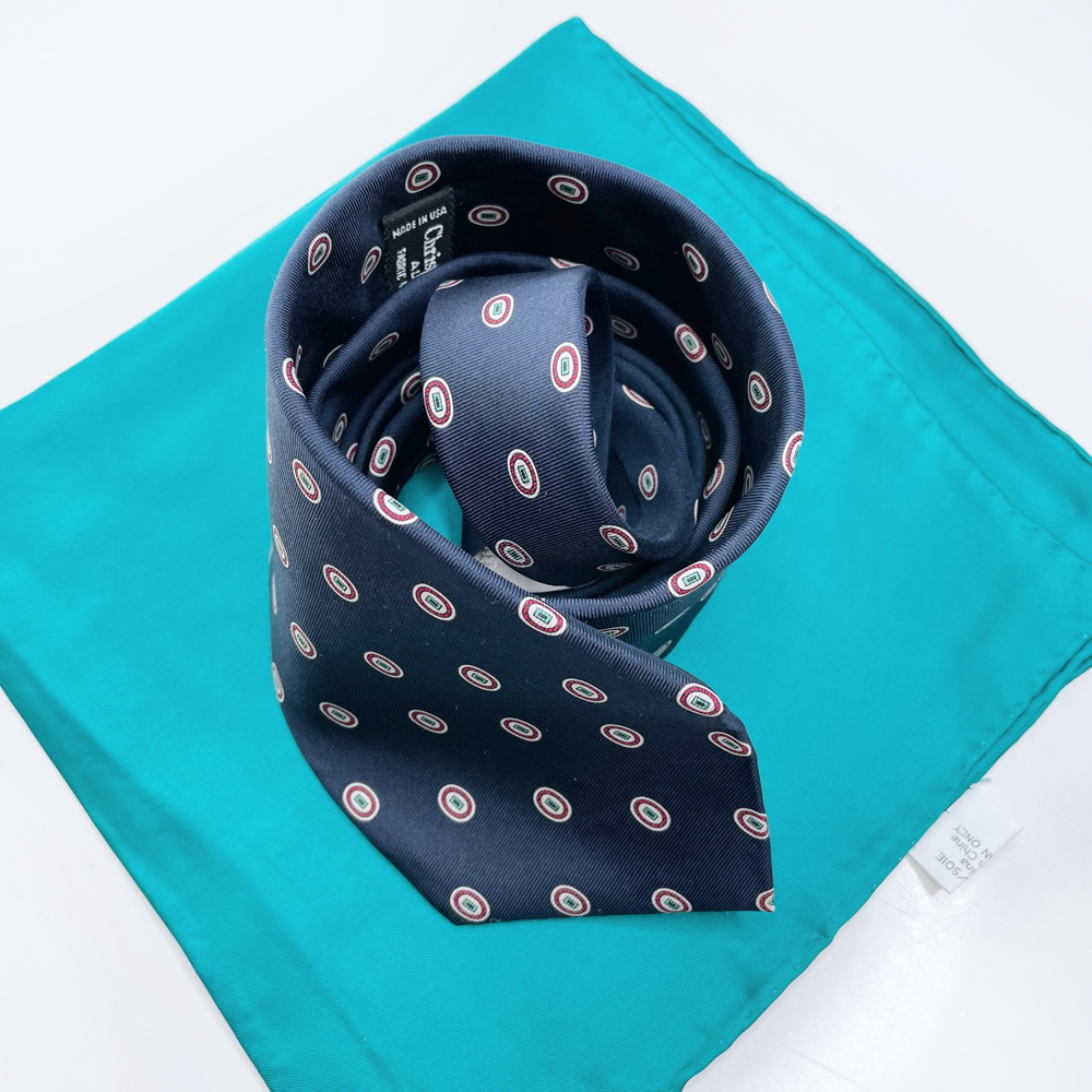 vintage christian dior navy blue silk tie with pocket square