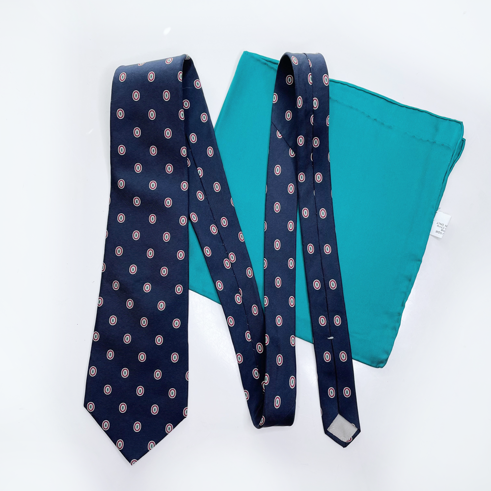 vintage christian dior navy blue silk tie with pocket square