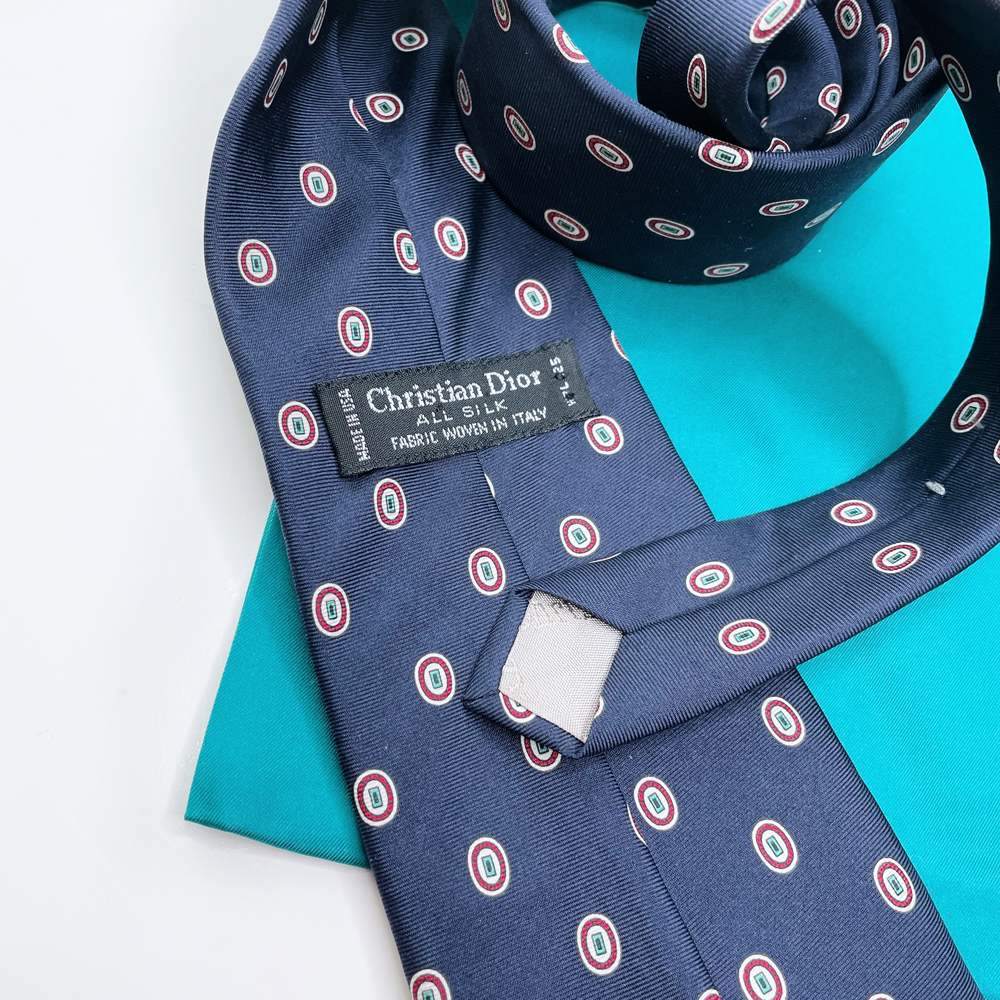 vintage christian dior navy blue silk tie with pocket square