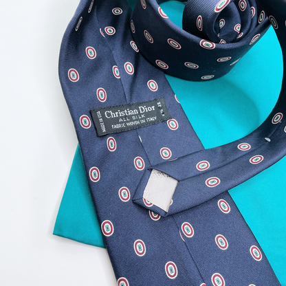vintage christian dior navy blue silk tie with pocket square