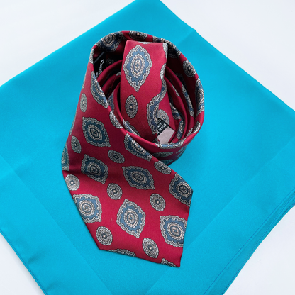 vintage christian dior red silk medallion tie with pocket square