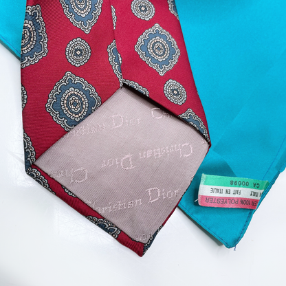 vintage christian dior red silk medallion tie with pocket square