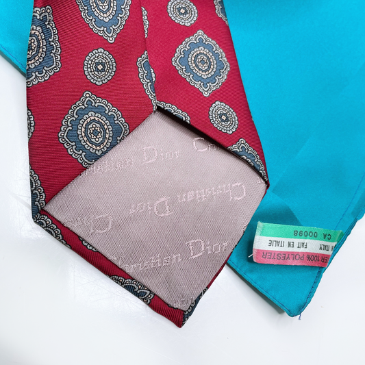 vintage christian dior red silk medallion tie with pocket square