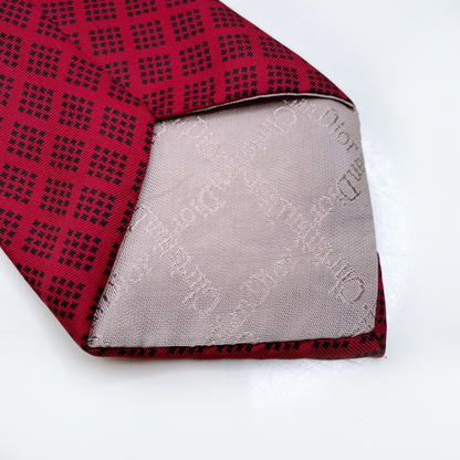 vintage christian dior red silk tie with diamond pattern