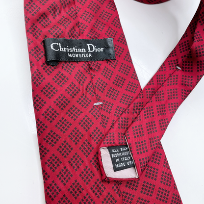 vintage christian dior red silk tie with diamond pattern