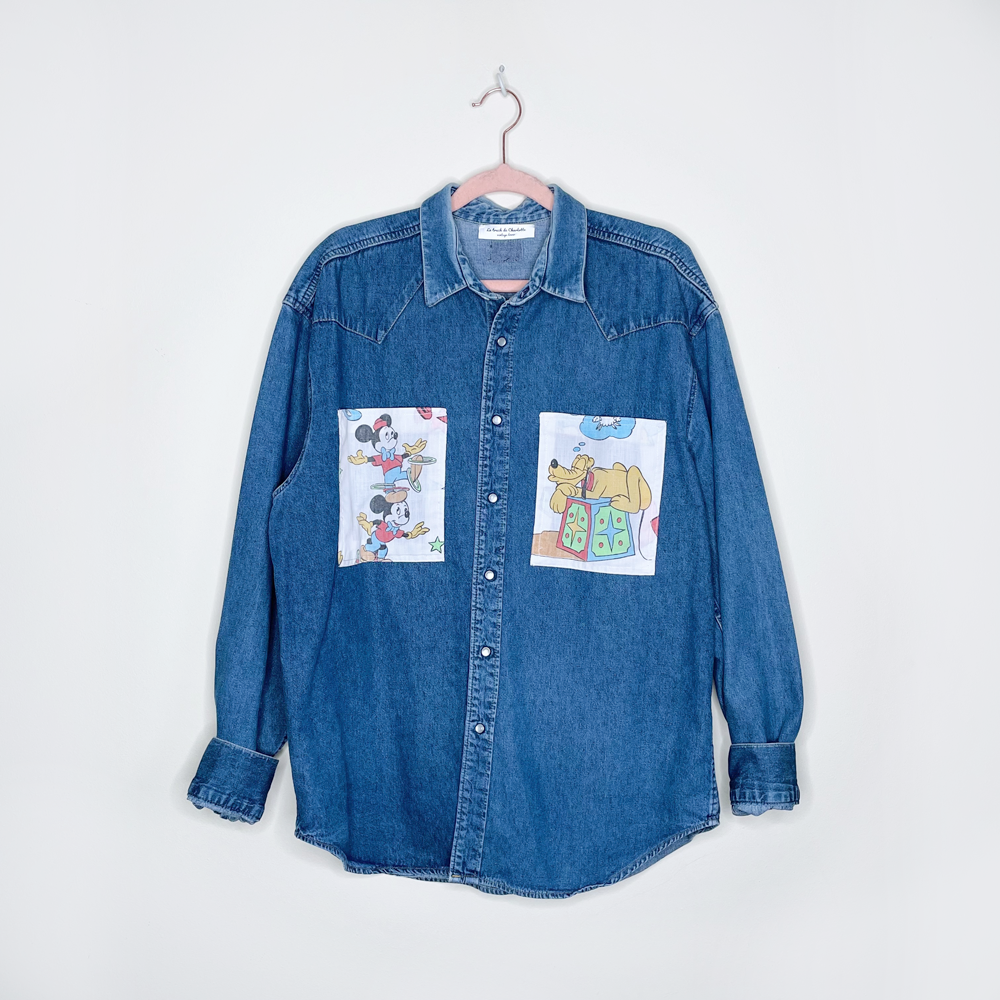 vintage upcycled snap button denim disney shirt - size large